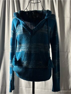 OP Teal Blue V-Neck Hooded Sweater with Tassel Drawstrings